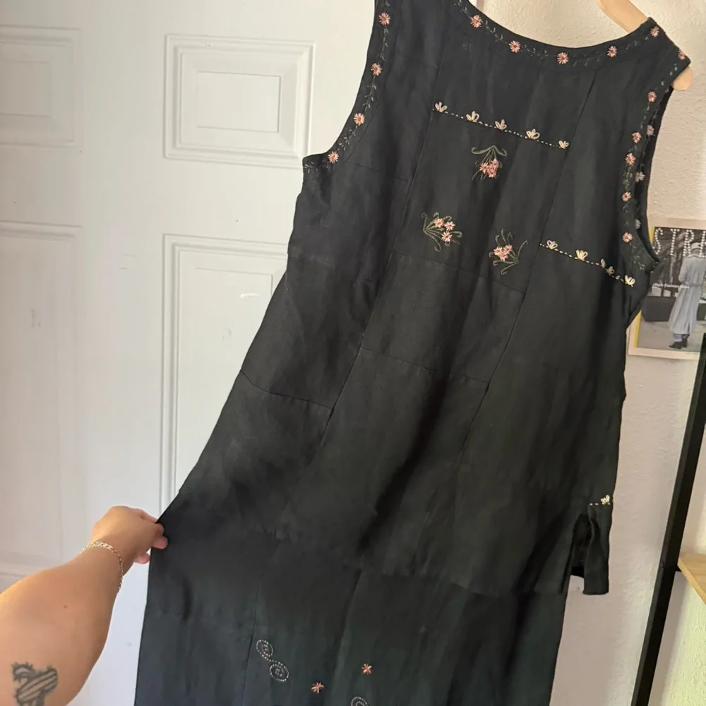 PAPY BOEZ black linen‎ floral embroidered layered sleeveless midi dress - Picture 5 of 7